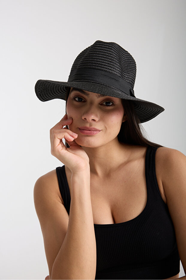 Women's Straw Hat Summer Wide Brim Black Beach Trilby Model with Ribbon