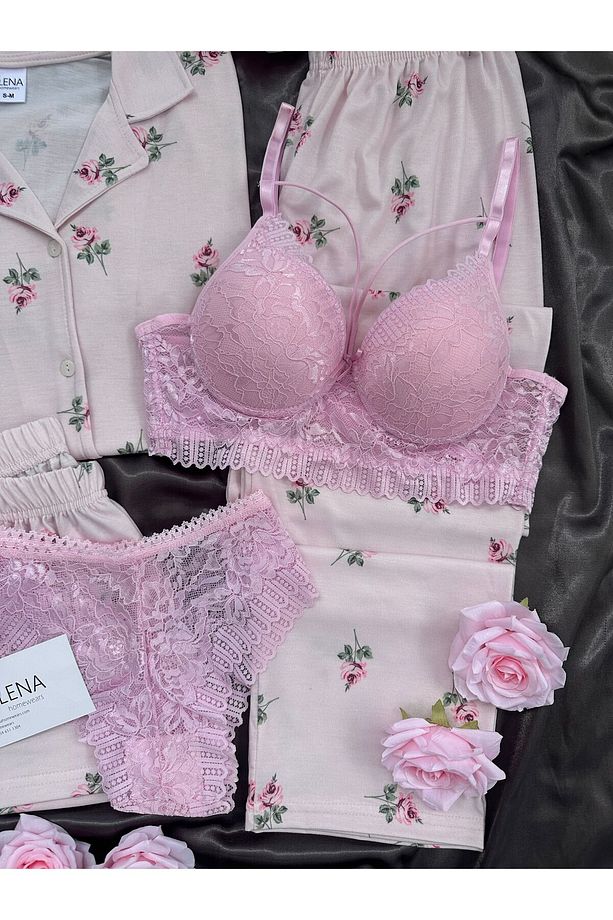 Kadın Gülizar Gül Desenli 5'li İç Çamaşırlı Şort Uzun Paça Kısa Kollu Pijama Takımı - 3