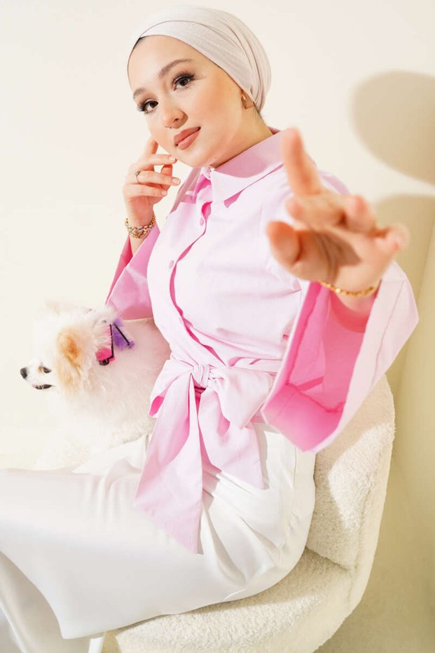 Cross Buttoned Waist Tie Short Shirt Pink