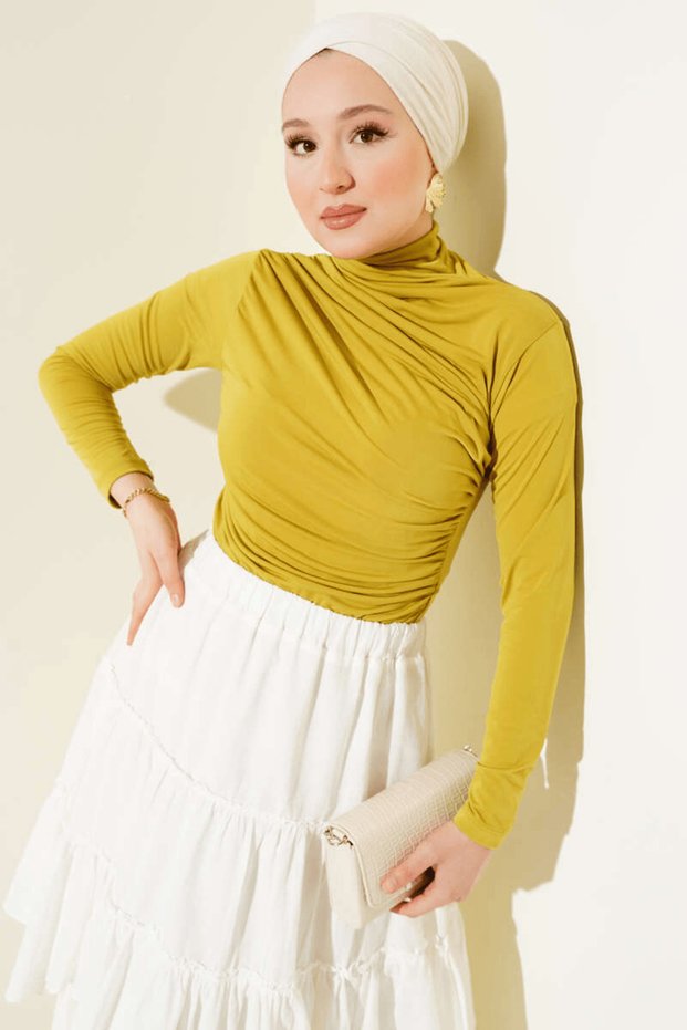 Turtleneck Gathered Oil Green Sandy Blouse Body Badi