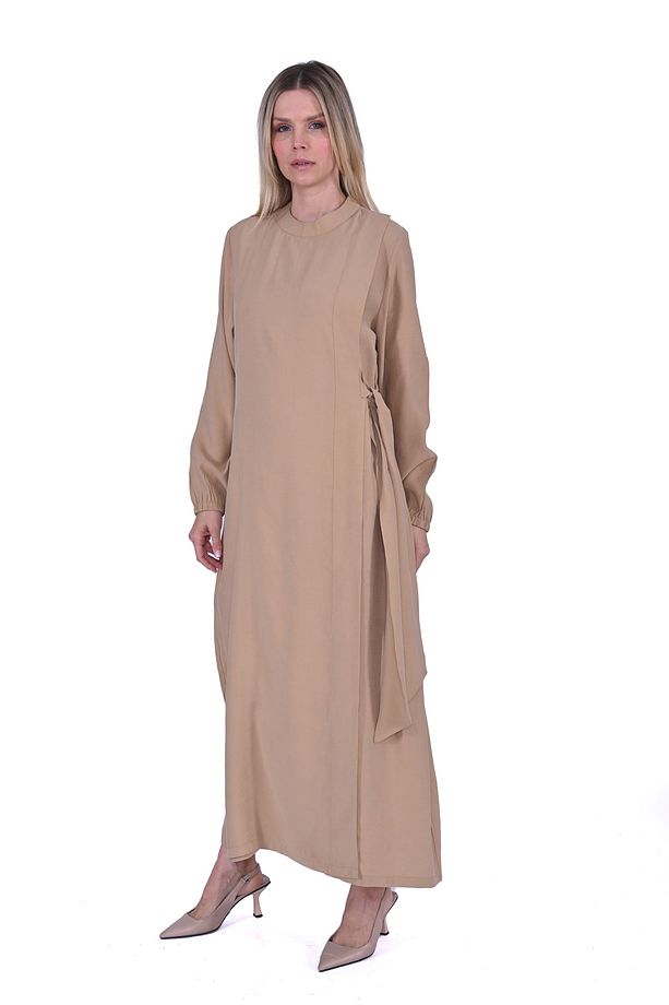 6958 Modal Kumaş Camel Elbise - 5