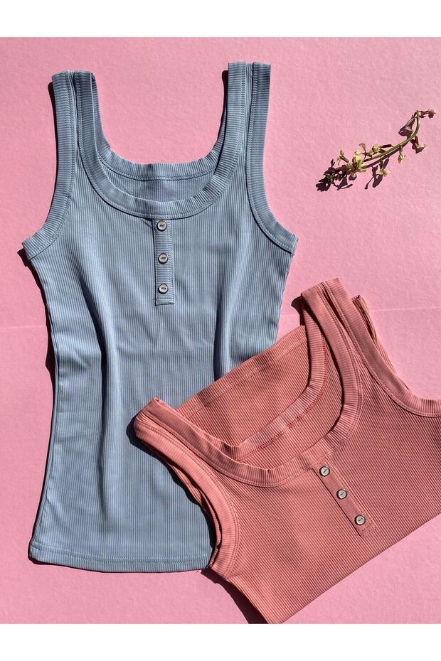 Button Detailed 2-Piece Pool Collar Light Blue and Dusty Rose Color Cotton Lycra Blouse