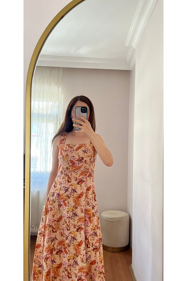 Kadın Yazlık Zr Model Çiçek Desenli Sırt Detaylı Bağcıklı Yırtmaçlı Midi Boy Elbise - 5
