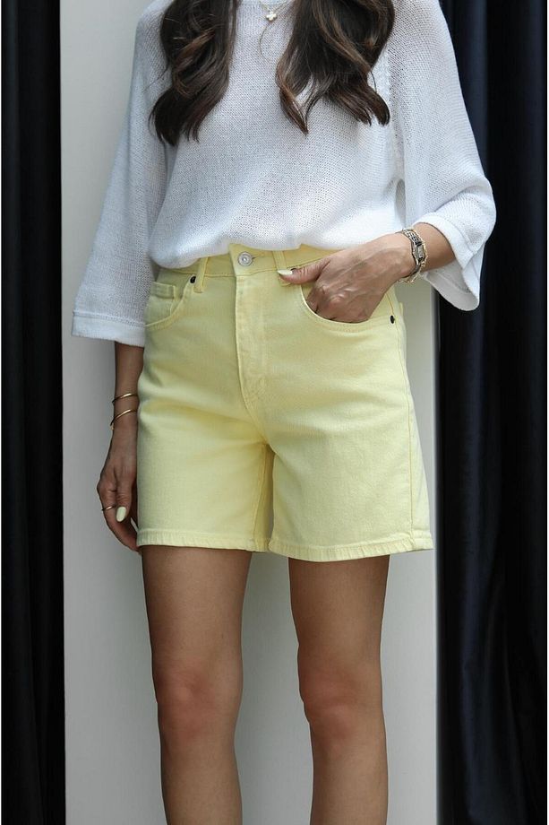 Sarı Fit Denim Şort - 6
