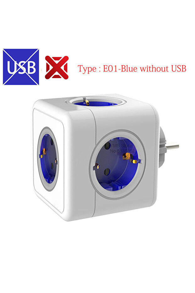 قابس الاتحاد الأوروبي E01-أزرق-بدون-USB Massfa شريط طاقة USB متعدد المكونات قابس كهربائي مكعب تمديد متعدد So - 1
