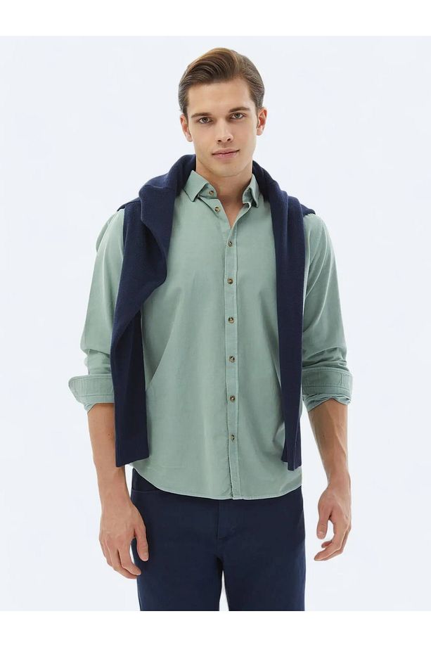 Mint Fitilli Regular Fit Dokuma Kadife Casual %100 Pamuk Gömlek - 1