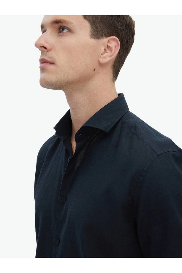 Siyah Düz Regular Fit Dokuma Casual Pamuk Karışımlı Gömlek - 4