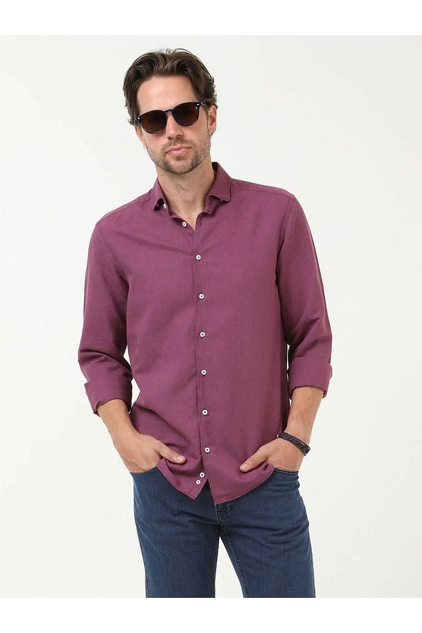 Mürdüm Düz Regular Fit Dokuma Casual Pamuk Karışımlı Gömlek - 2