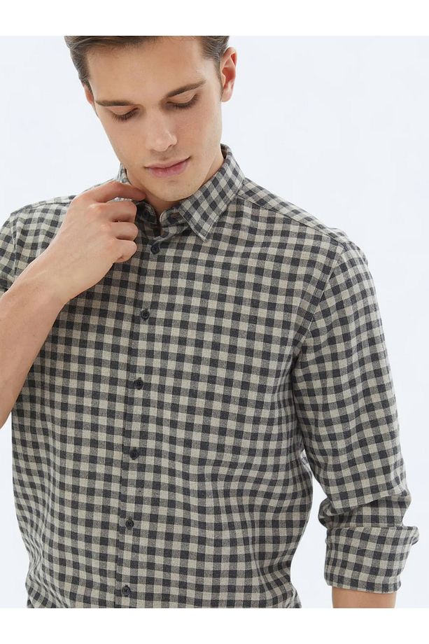 Antrasit Kareli Regular Fit Dokuma Casual Pamuk Karışımlı Gömlek - 3