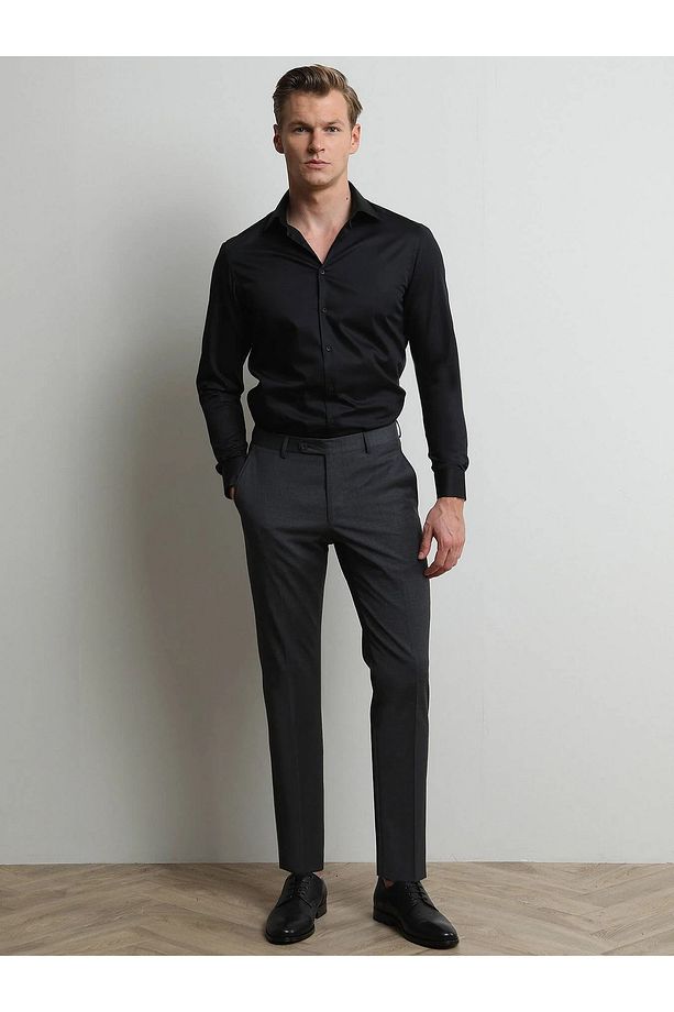 Antrasit Düz Dokuma Slim Fit Klasik Yün Karışımlı Pantolon - 1