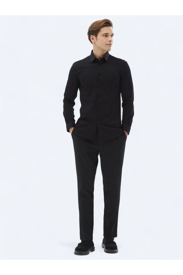 Siyah Düz Regular Fit Dokuma Casual %100 Pamuk Gömlek - 2