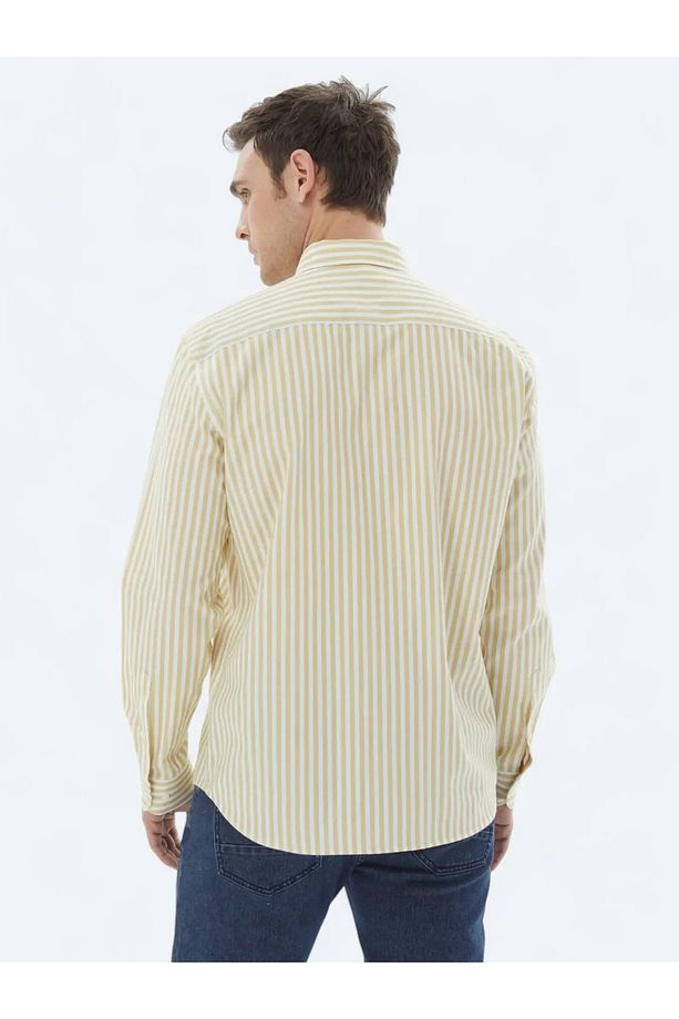 Sarı Çizgili Regular Fit Dokuma Casual %100 Pamuk Gömlek - 6