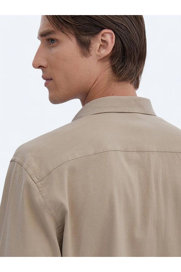 Bej Düz Regular Fit Dokuma Casual Pamuk Karışımlı Gömlek - 4