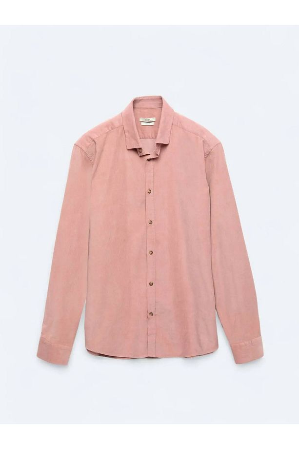 Pembe Fitilli Regular Fit Dokuma Kadife Casual %100 Pamuk Gömlek - 6