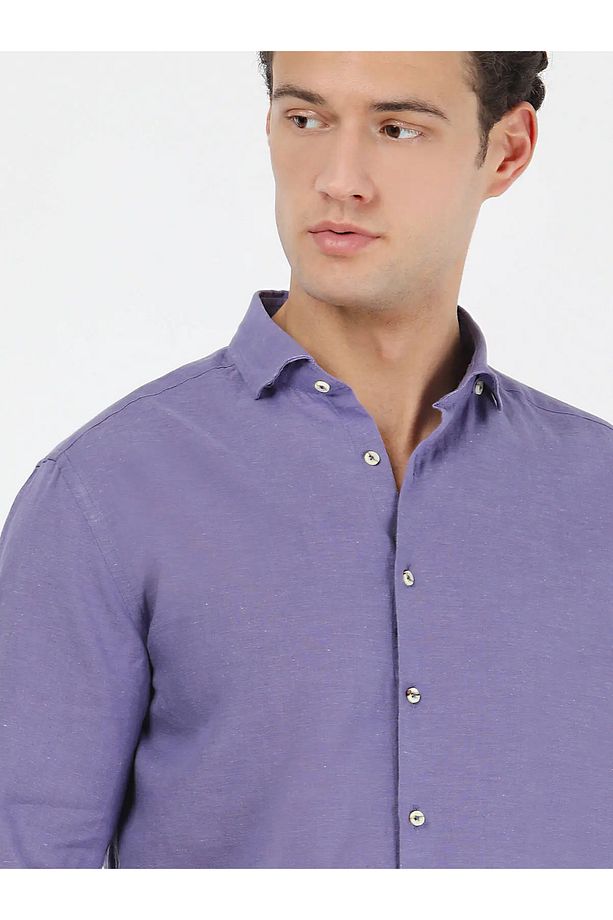 Mor Düz Regular Fit Dokuma Casual Pamuk Karışımlı Gömlek - 1