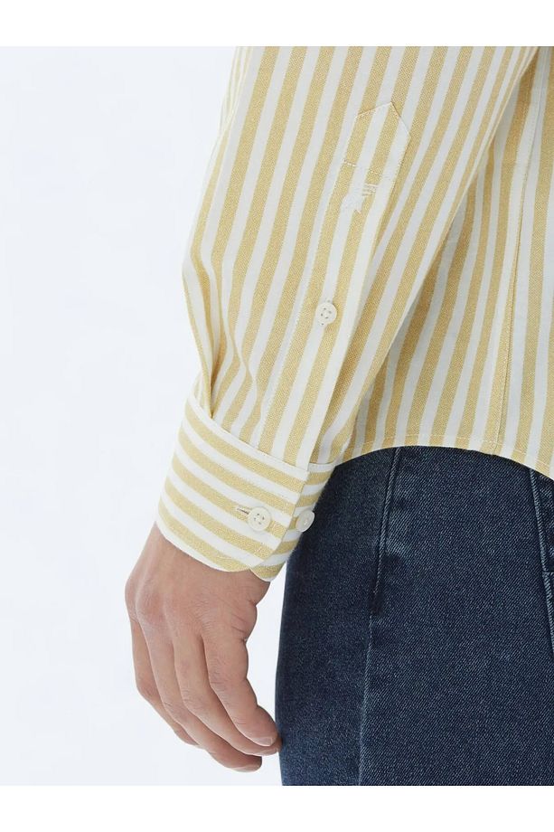 Sarı Çizgili Regular Fit Dokuma Casual %100 Pamuk Gömlek - 5