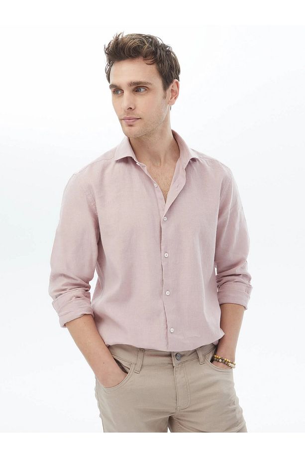 Pembe Düz Regular Fit Dokuma Casual Pamuk Karışımlı Gömlek - 2