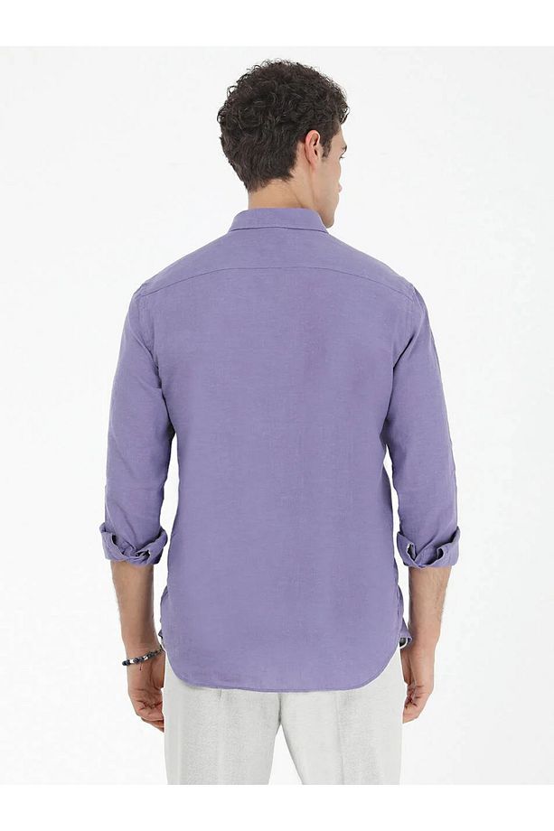 Mor Düz Regular Fit Dokuma Casual Pamuk Karışımlı Gömlek - 4