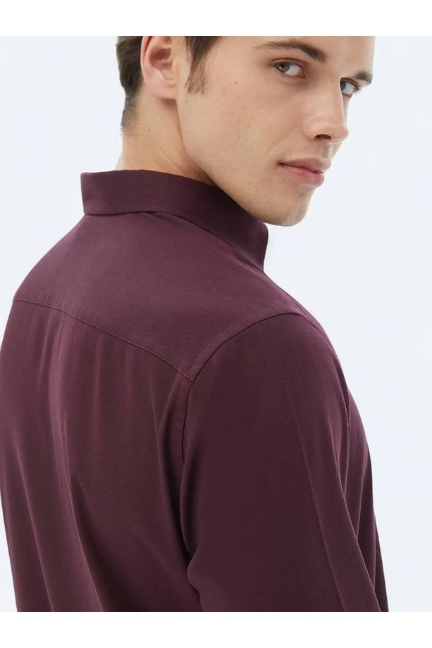 Mürdüm Düz Regular Fit Dokuma Casual Pamuk Karışımlı Gömlek - 5