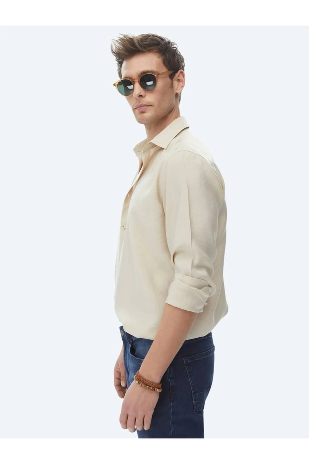 Bej Düz Regular Fit Dokuma Casual Gömlek - 8