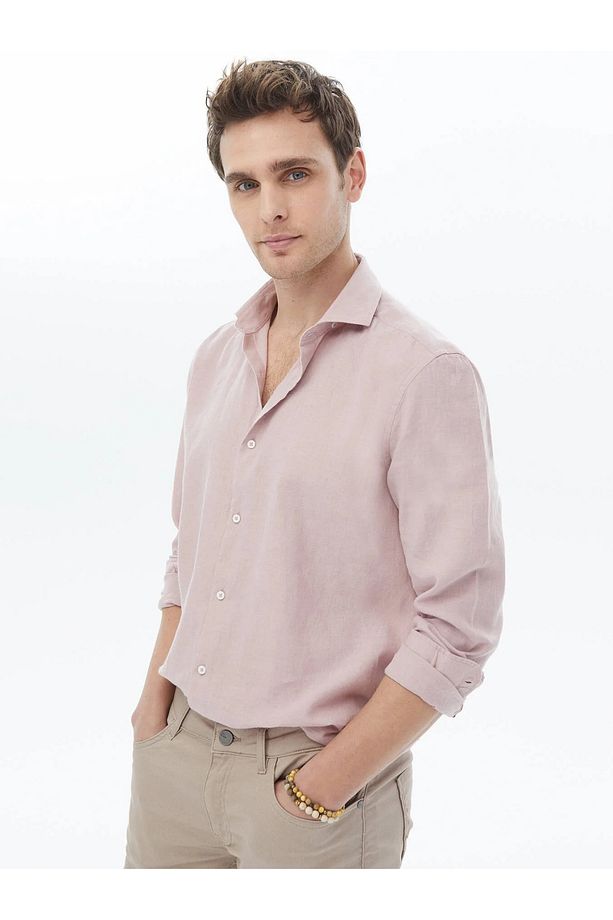 Pembe Düz Regular Fit Dokuma Casual Pamuk Karışımlı Gömlek - 1