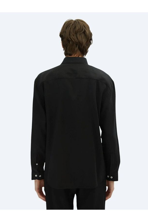 Siyah Düz Oversize Fit Dokuma Casual Gömlek - 4