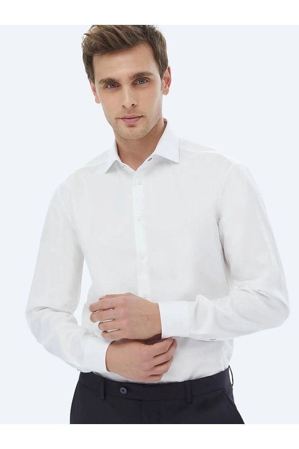 Beyaz Düz Regular Fit Dokuma Klasik %100 Pamuk Gömlek - 3