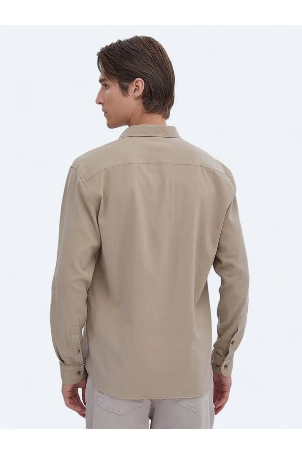 Bej Düz Regular Fit Dokuma Casual Pamuk Karışımlı Gömlek - 5
