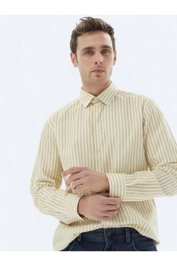 Sarı Çizgili Regular Fit Dokuma Casual %100 Pamuk Gömlek - 3