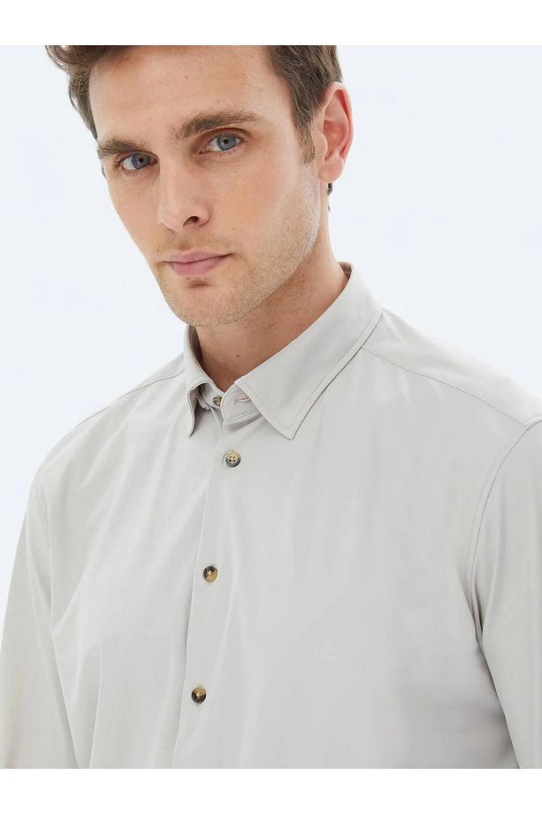 Ekru Düz Regular Fit Casual Gömlek - 4