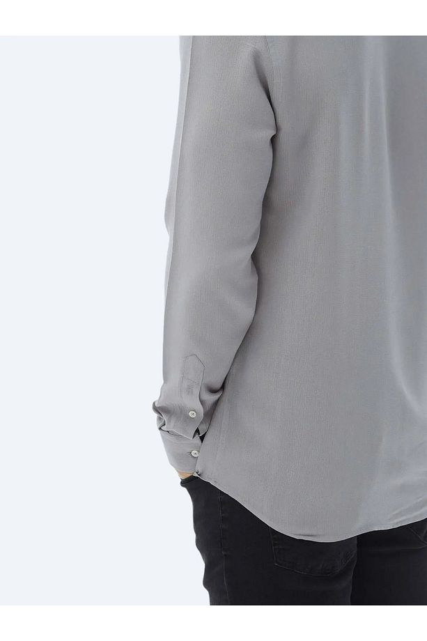 Gri Düz Regular Fit Dokuma Casual Gömlek - 8