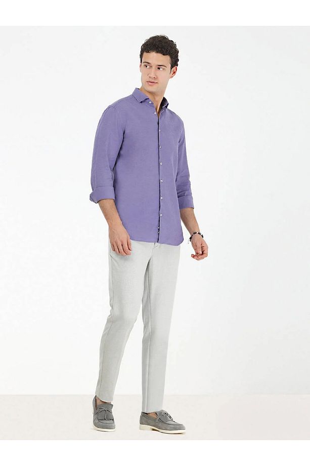 Mor Düz Regular Fit Dokuma Casual Pamuk Karışımlı Gömlek - 3
