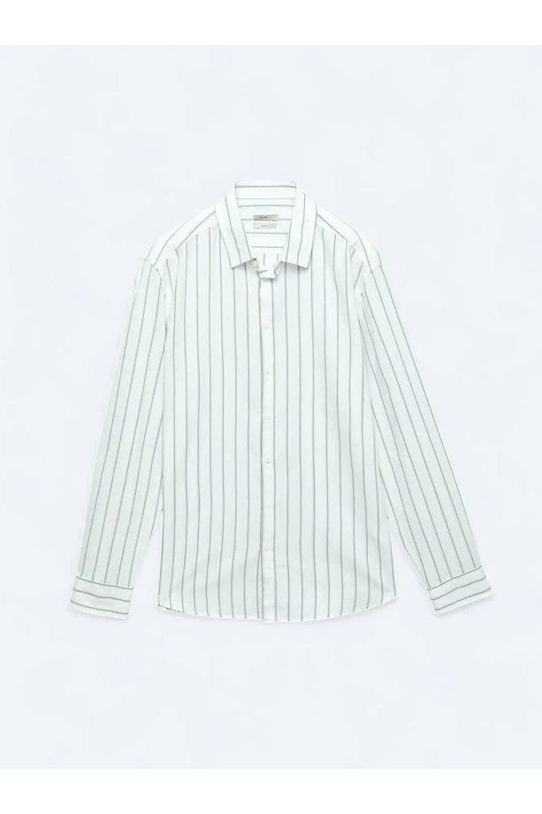 Mint Çizgili Regular Fit Dokuma Casual %100 Pamuk Gömlek - 7