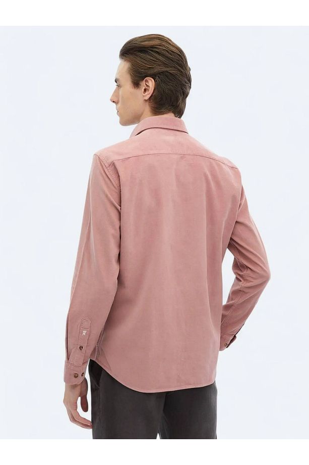 Pembe Fitilli Regular Fit Dokuma Kadife Casual %100 Pamuk Gömlek - 5