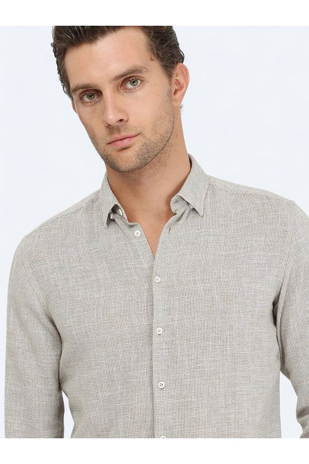 Haki Regular Fit Dokuma Casual Pamuk Karışımlı Gömlek - 3