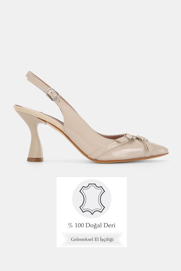 Women Beige Patent Leather Genuine Natural Leather 33-34-35-41-42-43 Number Thin Heel Back Open Shoes