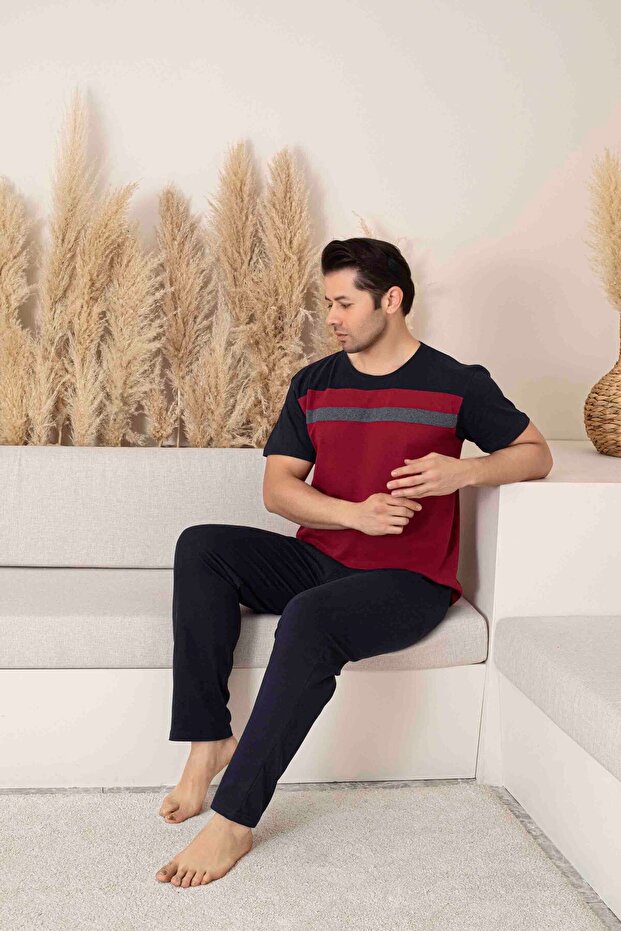 Men's Burgundy Piece Short Sleeve Six Long Combed Cotton Knitted Fabric Summer Pajamas Set