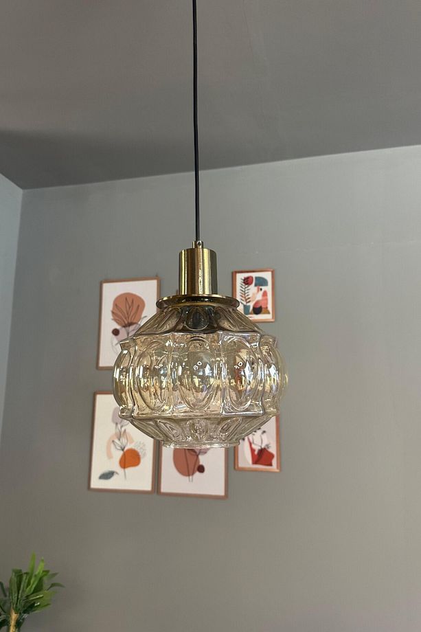 Şila Cam Bal Rengi Tekli Avize U Eskitme Fener Başlık Retro Sarkıt Lamba Salon Aydınlatma - 8