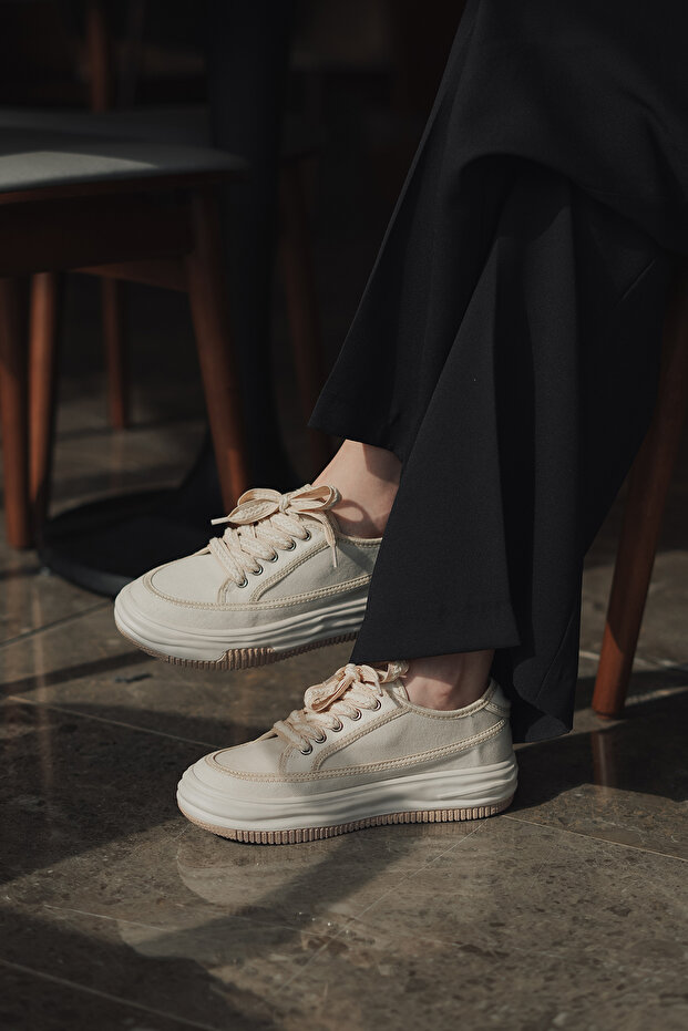 Damskie trampki z wysoką podeszwą i sznurowaniem, sportowe buty z lnu Kotnel EKRU - 2