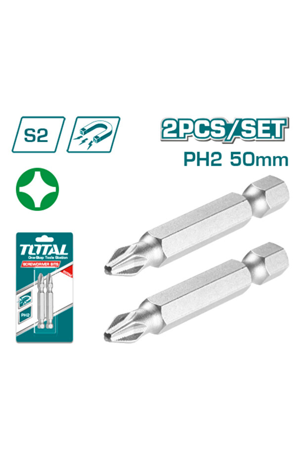 طقم لقمة راس مفك Ph2 50mm 2pcs/set كروم طويل