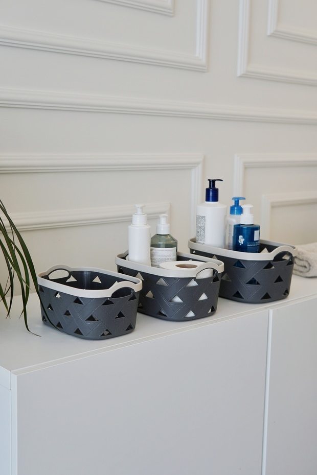 Leather Patterned Storage and Organization Basket Set (3-Piece), Cream
