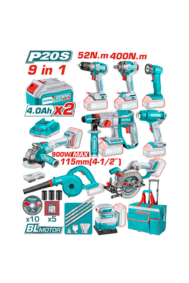 مجموعة عدة بطارية مع شنطة تورلي 20v 9pcs