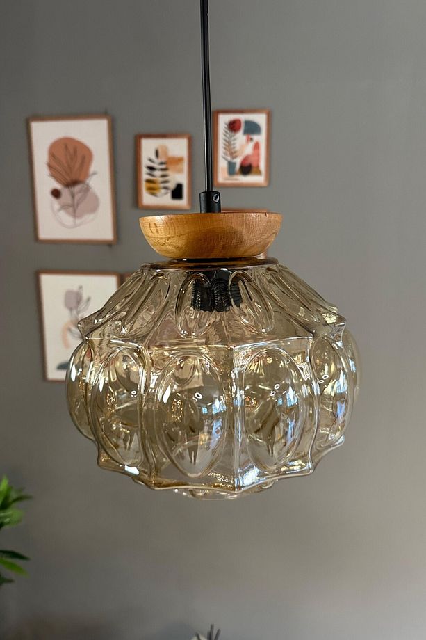 Şila Cam Bal Rengi Tekli Avize Tabak Ahşap Başlık Retro Sarkıt Lamba Salon Aydınlatma - 7