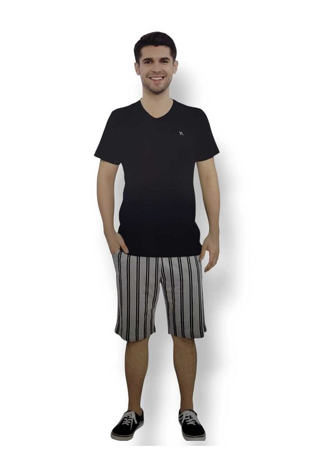%100 Pamuk Erkek Şortlu Pijama Takımı – Siyah Üst, Çizgili Bermuda Şort, Yazlık, Rahat ve Şık - 4