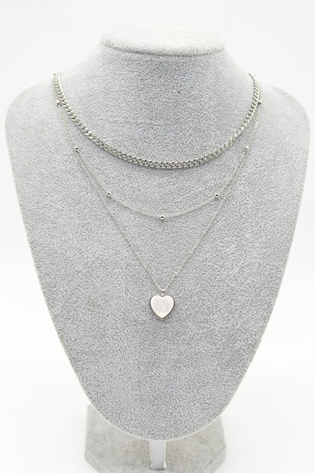 Triple Chain Model Silver Color Heart Necklace