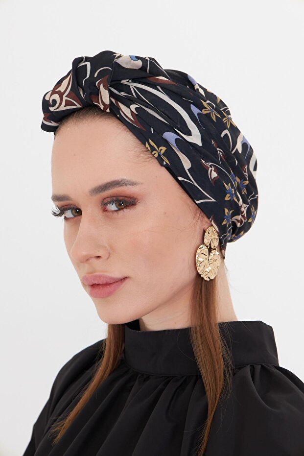 Black Practical Ready-Made Hijab Bonnet Cut Fiber Retro Patterned 2409_01