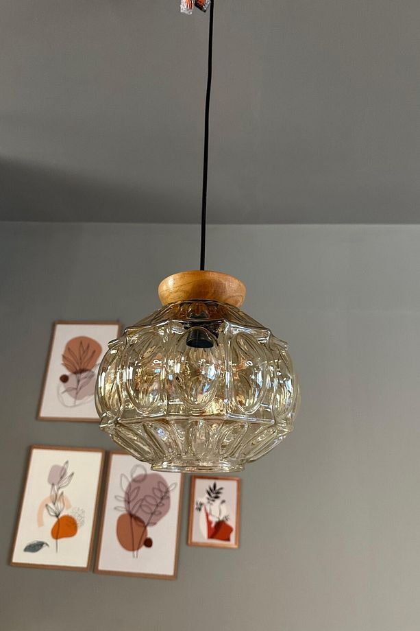 Şila Cam Bal Rengi Tekli Avize Tabak Ahşap Başlık Retro Sarkıt Lamba Salon Aydınlatma - 3