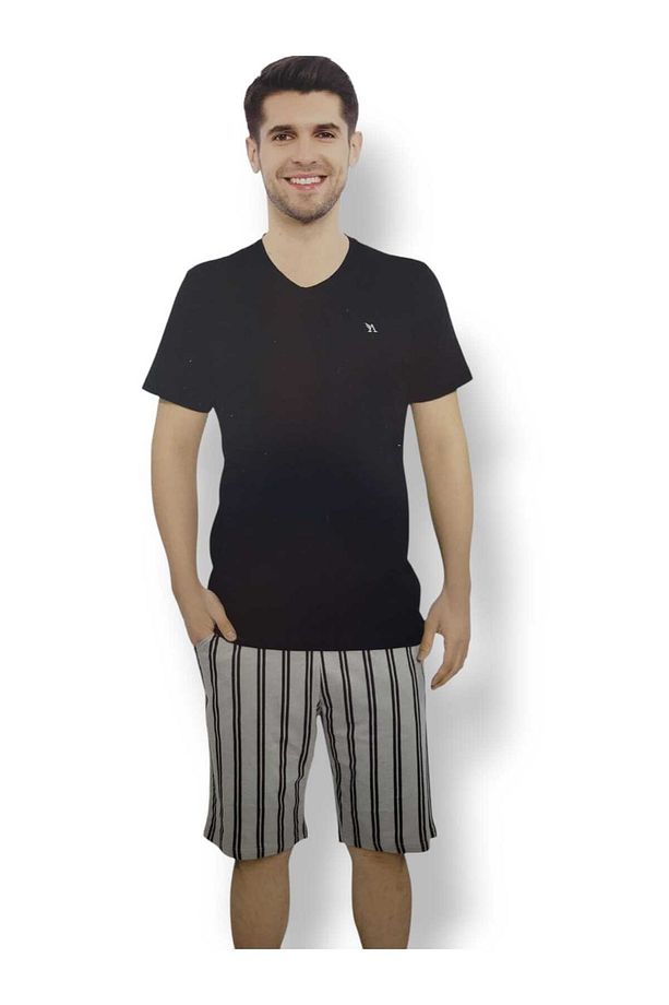 %100 Pamuk Erkek Şortlu Pijama Takımı – Siyah Üst, Çizgili Bermuda Şort, Yazlık, Rahat ve Şık - 1