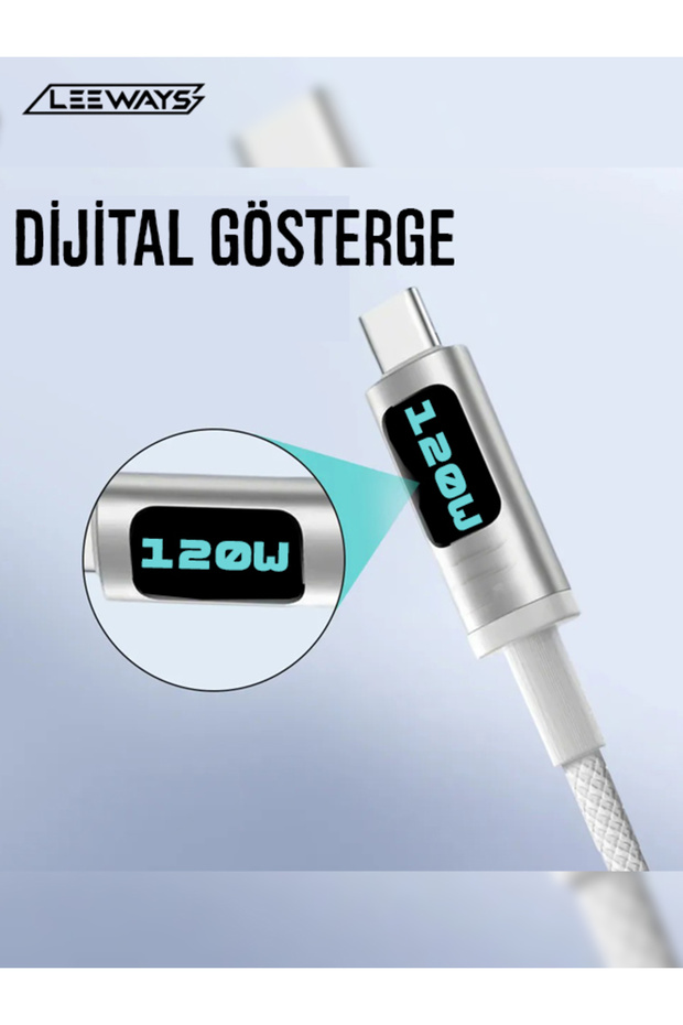 Dijital Göstergeli 120w Süper Hızlı Örgülü Type C To Type C Şarj Kablosu 1.2 Metre - 2
