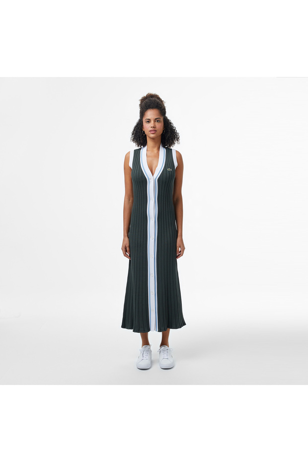 Kadın Flare Fit Kolsuz V Yaka Renk Bloklu Koyu Yeşil Elbise - 1